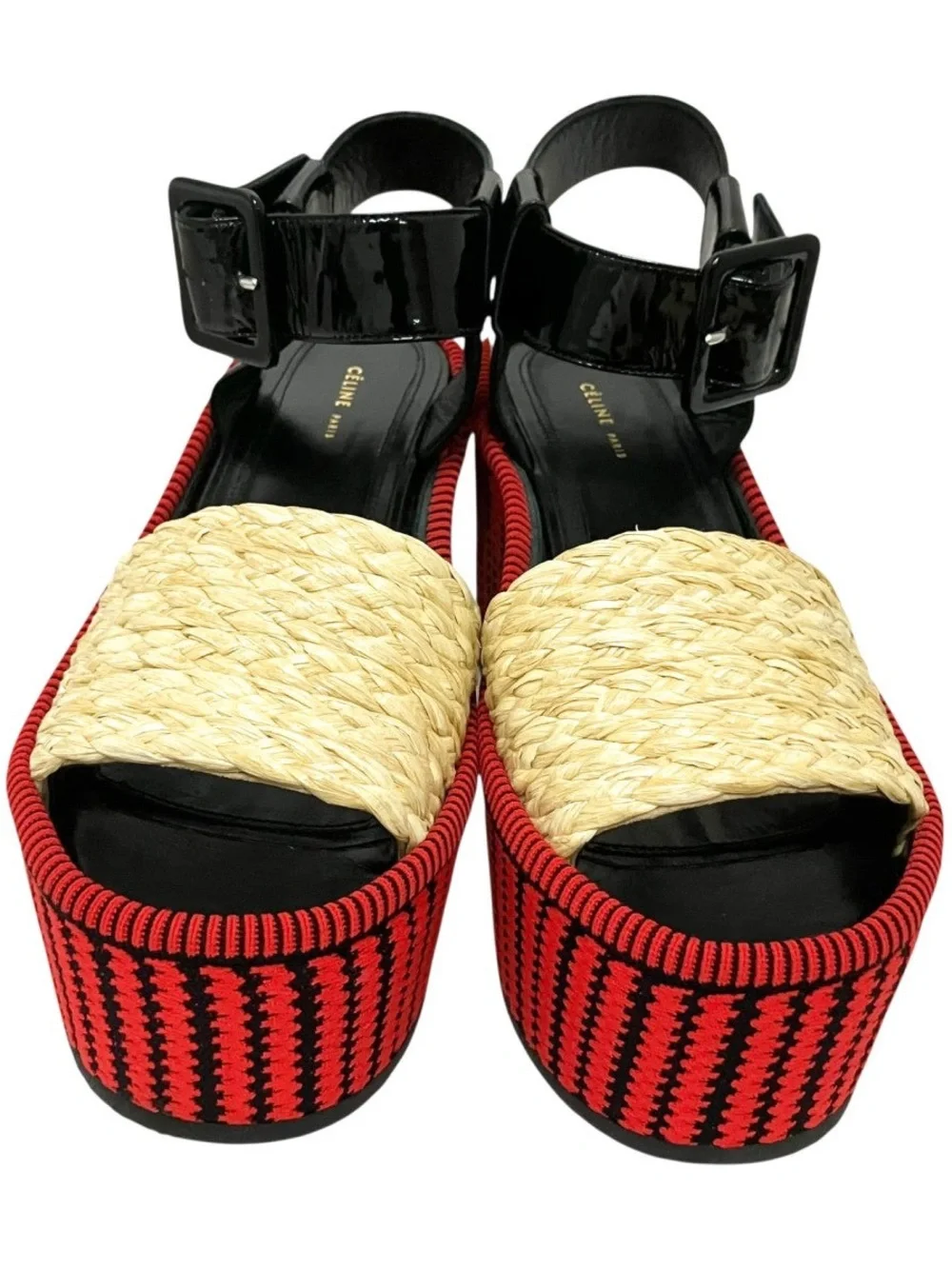 New Celine Red Woven Platform Sandals with Black Patent Ankle Strap 36/6